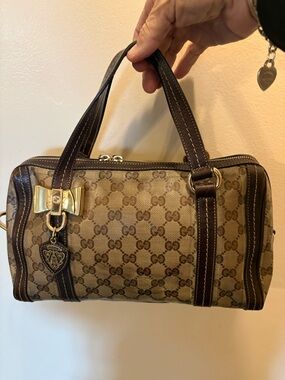 Gucci Brown Monogram Satchel with Gold Bow Accent. Authentic, Vintage Beautiful!